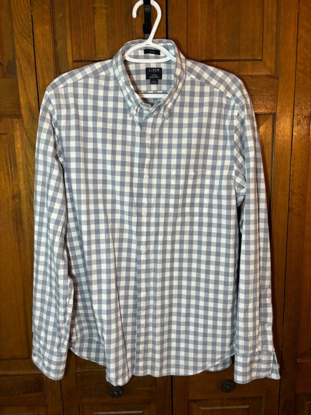 J. Crew Men's Light Blue and White Gingham Button-Down Shirt - Picture 1 of 8
